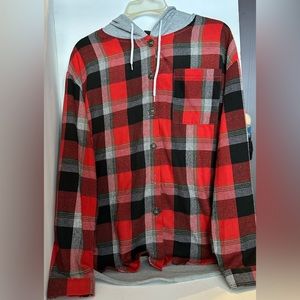 A plaid flannel size small and brand is SHEIN.